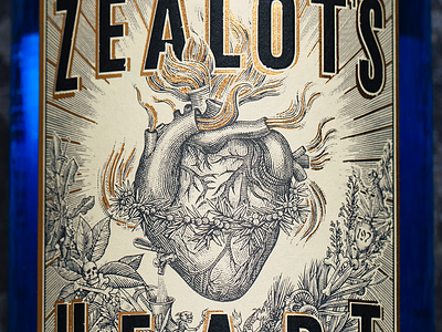 Zealot's Heart Label Illustrated by Steven Noble artwork design engraving etching gravure illustration line art logo packaging scratchboard steven noble woodcut zealots heart gin