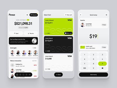 Pesse - Fintech Mobile App app bank banking card credit card design dollar finance fintech history mobile money receive send statistic stats transaction transfer ui