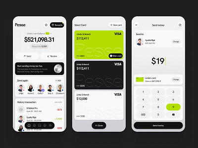 Pesse - Fintech Mobile App app bank banking card credit card design dollar finance fintech history mobile money receive send statistic stats transaction transfer ui