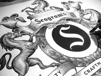 Seagram's New Logomark Illustrated by Steven Noble artwork coat of arms crest design engraving etching illustration line art logo scratchboard seagrams seal steven noble woodcut