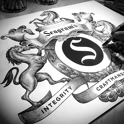 Seagram's New Logomark Illustrated by Steven Noble artwork coat of arms crest design engraving etching illustration line art logo scratchboard seagrams seal steven noble woodcut