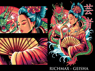 Richmax - Geisha Illustration branding cartoon character design detailed illustration dragon esport geisha illustration japan japanese logo mascot nuraroni shen long ui vector