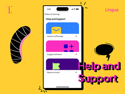 Help and Support screens for Lingua - Language Learning App brutalism colorful design graphic design help mobile mobile design neobrutalism presentation presentation design saas shots support ui ui design ux ux design yellow