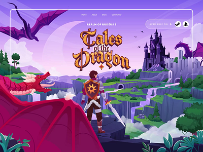 The Tales of The Dragon Landing Page 🐉 adventure animation castle cliffs design dragons game header illustration knight landing page landscape motion graphics nature orely parallax ui view warrior website