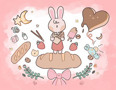 Bunny in a sweet land! adorable aesthetic candies children illustration cozy aesthetic cozy art cozy core cute art digital illustration illustration pastel art pink pink core sugar sweets