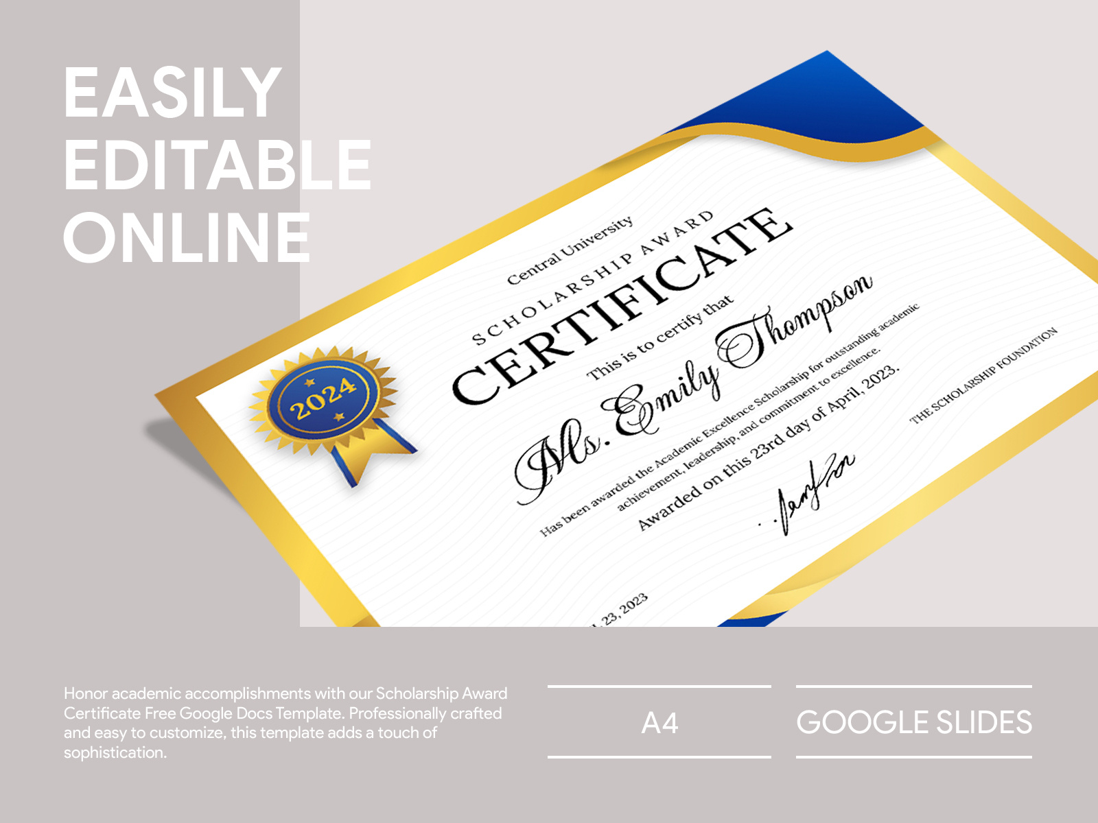 Scholarship Award Certificate Free Google Docs Template by Free Google