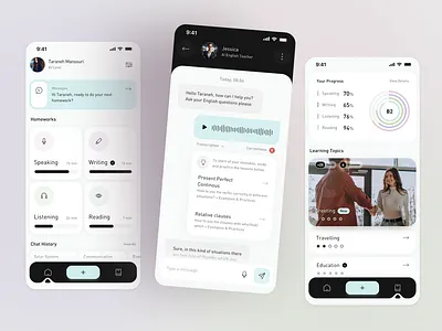 AI Language Learning Teacher Mobile Application ai application artificial inteligence assistant concept design education english interface language learning mobile speaking teacher trend ui uiux user interface ux visual
