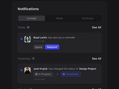 Dark UI for a notifications modal app clean dark dark mode dark ui design interface minimal modal overlay popup product product design saas settings ui ui design ux ux design web