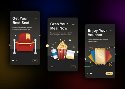 Onboarding Illustration for Cinema App application black cinema seat dark mode drink gold illustration movie onboarding popcorn shining ui vector vector illustration visual design voucher