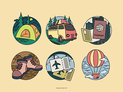 Travel Icon Set - Vol 1. boots camping editorial geometric icon icon set illustration lineart logo minimal monoline outdoor paspport plane retro travel van web icon web illustration website icon