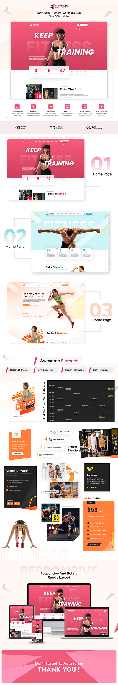 BodyShape - Fitness, Workout & Gym VueJS Template bodyfitness branding creative design fitness gym health product design template uiux vuejs website workout