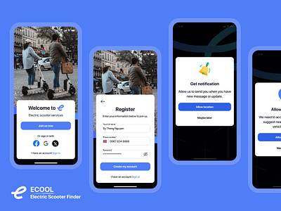 Register UI App Design | ECOOL Electric Scooter Finder UI Kit electric vehicle finder app login ui app register ui app sign in ui app sign up ui app