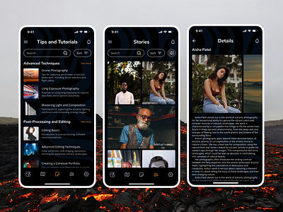 Volcano diary mobile app design activity calendar comments dark theme design gallery graph graphic design grid grig minimalism mobile notes photos safety statystics tips ui ux volcano