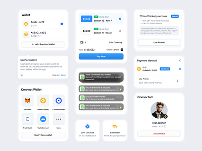 Component - Crypto Payment of Event Ticketing account atomic bento button coinbase component connect crypto invoice metamask method modal on boarding pay now payment ticket purchase ticketing tooltips wallet web 3.0