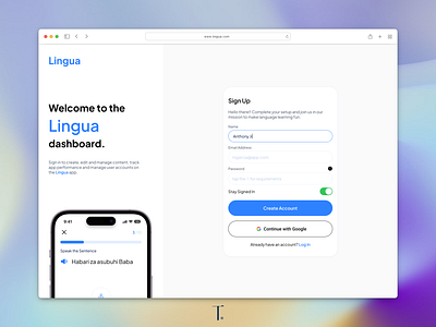 Sign Up Page for Lingua - Language Learning App clean edtech lms minimal presentation presentation design product product design saas shots typography ui ui design ux ux design web web app webapp website