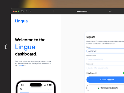 Sign up Web Page for Lingua - Language Learning App app browser design edtech language learnong lms presentation presentation design saas shots sign up ui ui design ux ux design web web app web site website