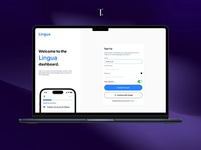 Macbook Mockup of Lingua Sign Up browser clean design language learning macbook mockup presentation presentation design saas shots ui ui design ux ux design web web app website
