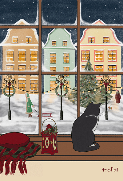 White Christmas cat christmas art digital art digital illustration greeting card illustration town