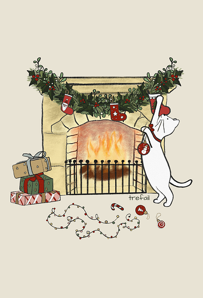 Christmas Fireplace cartoon cat drawing christmas art digital art digital illustration illustration