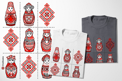 Matryoshka and tic-tac-toe matryoshka nesting dolls russian ornament t shirt design vector illustration
