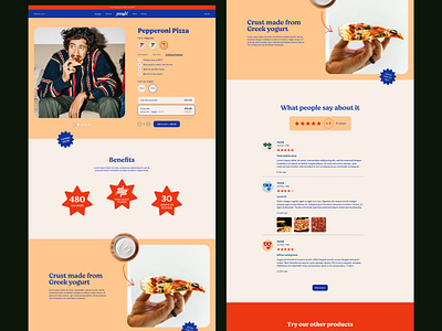 Yough website — Product page carousel cart ecommerce food friendly fun icons pizza playful product retro review selection stickers tab tag web design website