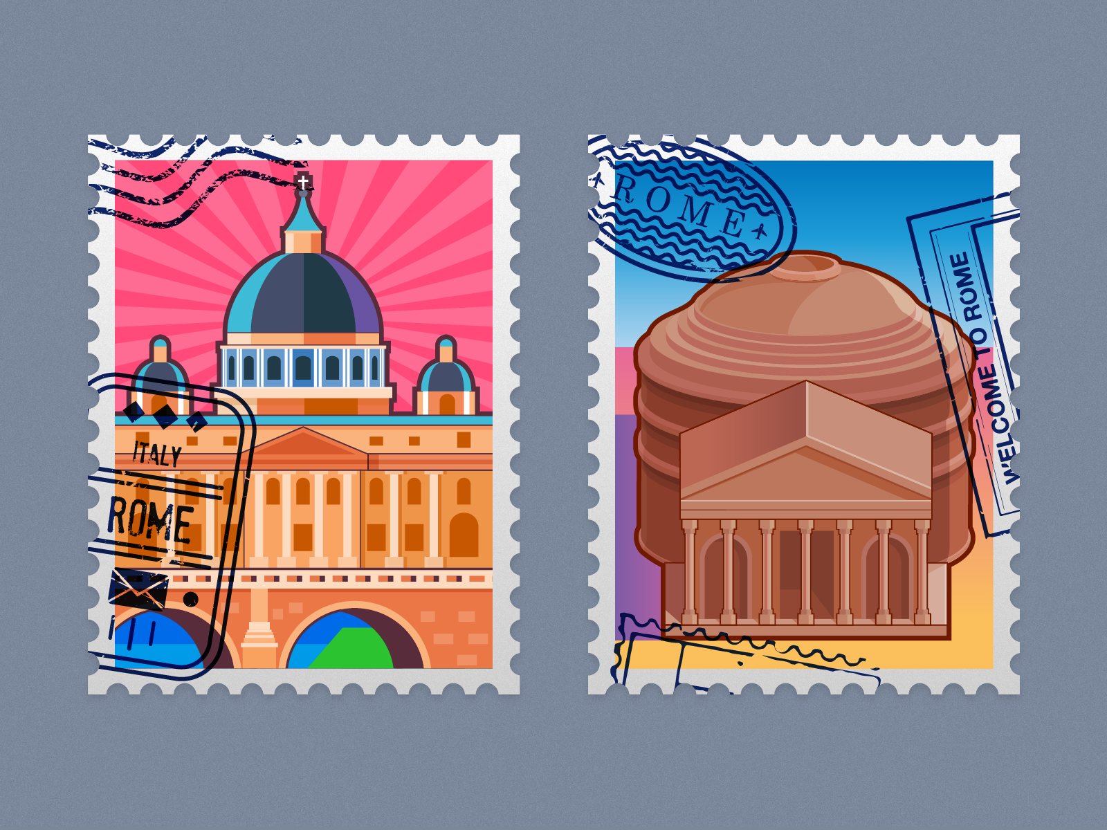 World City Series: Rome architecture artwork colorful flatillustration history illustration italy ivanmisic landmarks minimalism pantheon pontesantangelo postagestamp rome stamp stpetersbasilica travel worldcities