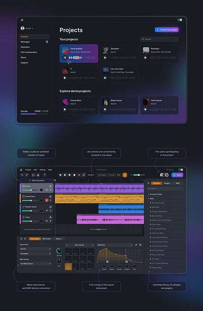 Akord - Online Digital Audio Workstation concept dark dark mode dark theme dashboard daw design gradient interface mesh music product design software sound ui user interface uxui workspace