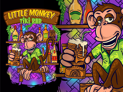 Little Monkey Tiki Bar Illustration apparel bar beer branding cartoon character design esport graphic design illustration logo mascot merchandise monkey nuraroni pub tiki tshirt ui vector