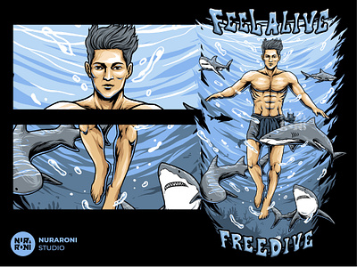 🌊 Feel Alive Freedive: Embrace the Abyss 🦈 aquaman branding cartoon character design dive diving esport freedive graphic design illustration logo mascot merchandise nuraroni shark swimming tshirt tshirt design vector
