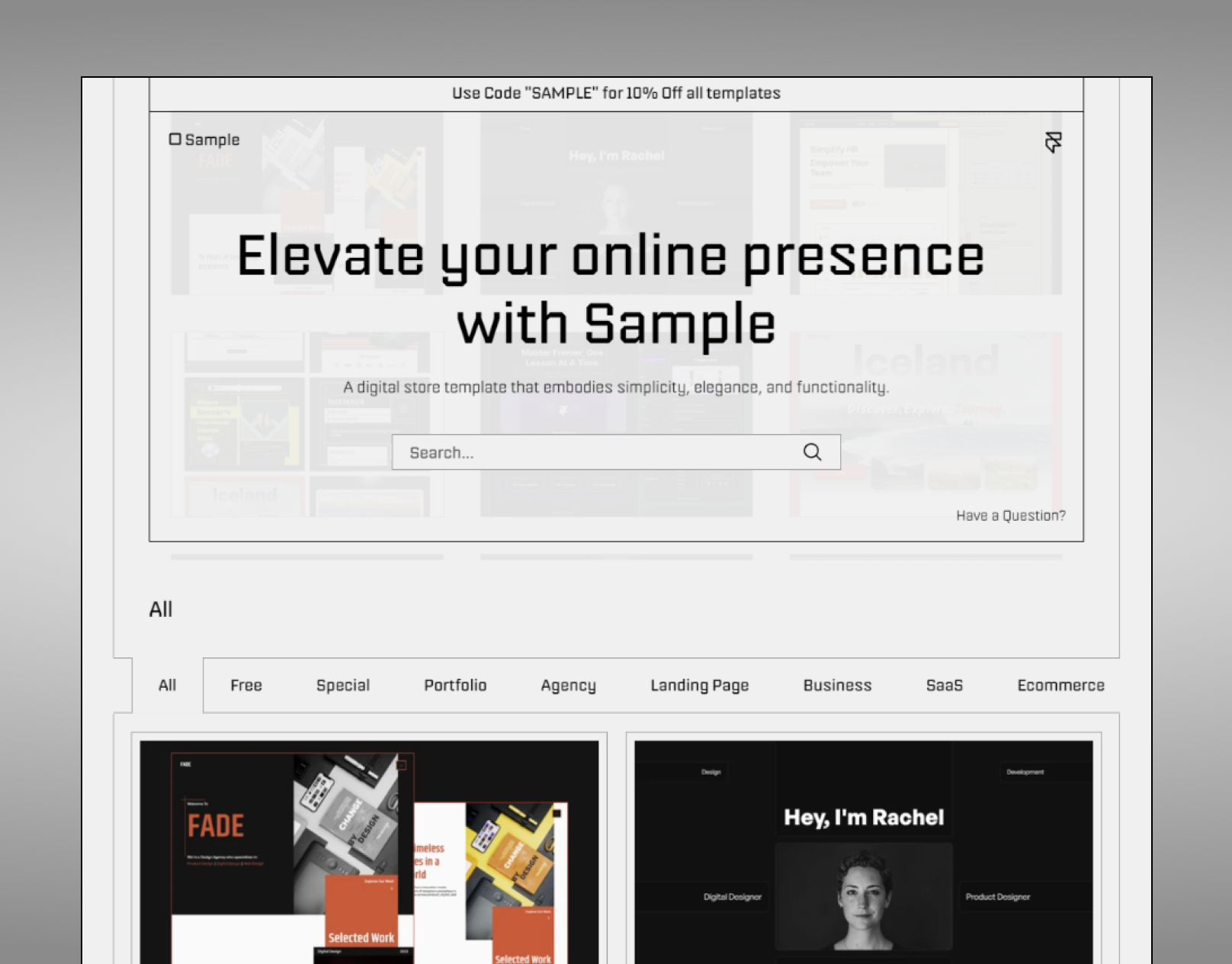 Sample - Digital Products FREE Framer Template branding design digital products digital store ecommerce figma framer framer template framer website free template landing page minimalistic template typography ui ux web design website website design website template