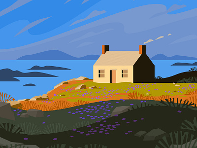 Bothy cabin highlands hut illustration isometric romantic scenery scotland sea vacation vector