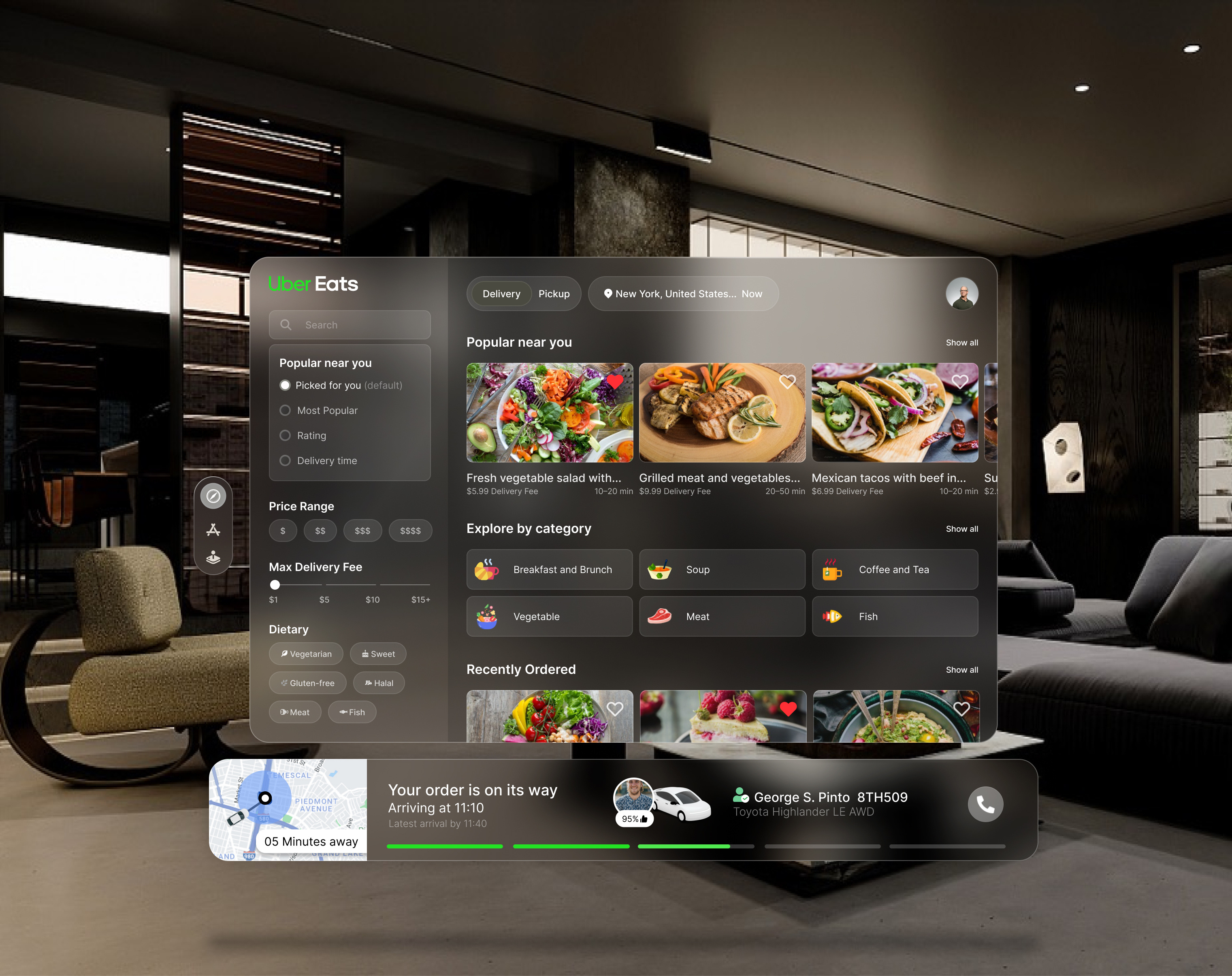 Uber Eats - Apple VisionOS UI UX Design 3d animation apple apple visionos artificial intelligence branding dark dashboard design eat figma glassmorphism graphic design modern motion graphics uber ui uiux ux visionos