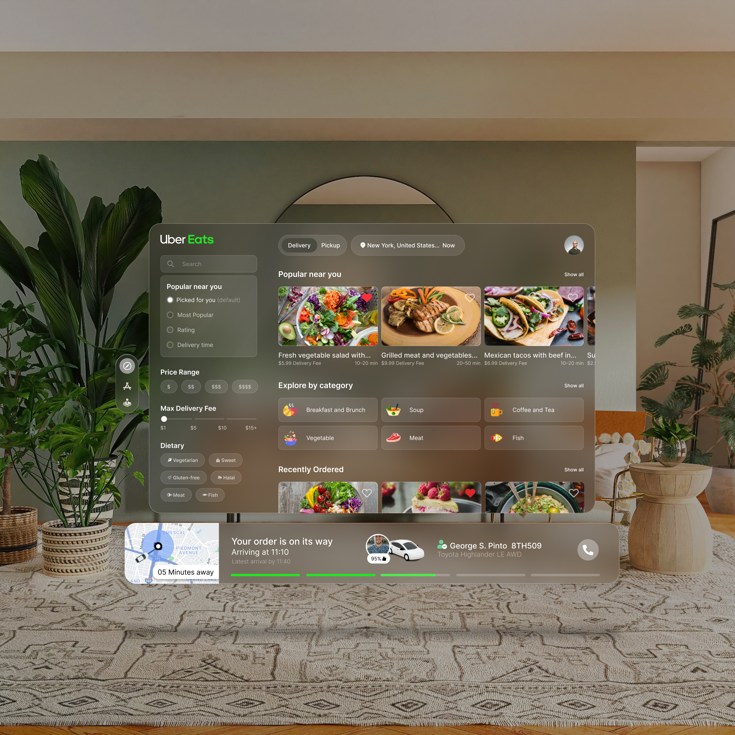 Uber Eats - Apple VisionOS UI UX Design 3d animation apple apple visionos artificial intelligence branding corporate design eat glassmorphism graphic design modern uber ui uiux ux visionos