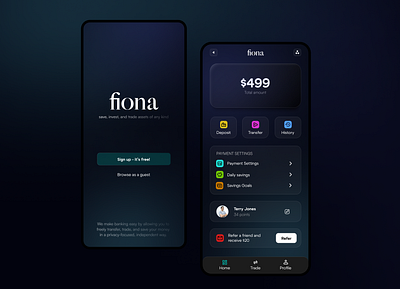 fiona - easy banking branding dark mode graphic design mobile saas ui ux