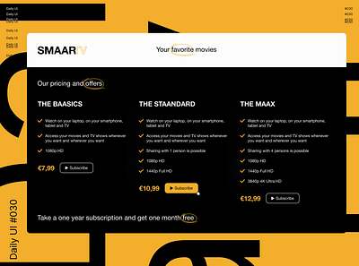 Daily UI 030 - Pricing 030 30 black branding challenge daily dailyui dailyuichallenge design graphic design orange pricing saas streaming subscribe subscription ui ux website white