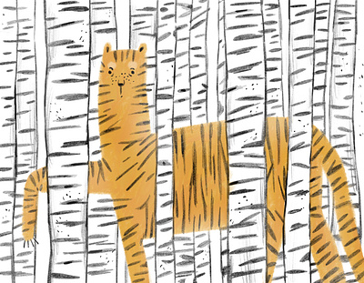 A tiger in the birches cartoon character design illustration