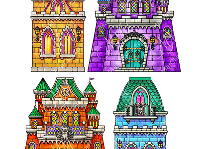 Fairytale castles set blue castle christmas card christmas set design resourse fairytale castles graphic design illustration instant download labels design magic castle orange casrle packaging design set castles set clipart template castle vector clipart vector clipart set vector illustrations violet castles yellow castle