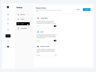 Calendate's ''Plugings & General'' Settings page designs. card design minimal design modern design plugin settings settings design settings page ui ux web design website