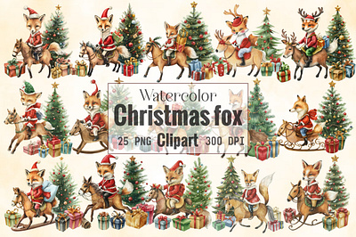 Watercolor Christmas Fox Clipart design