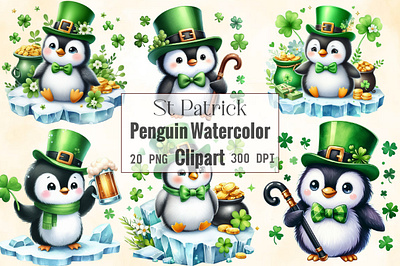 St Patrick Penguin Watercolor Clipart white background
