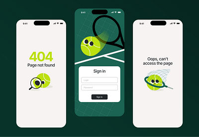 Tennis App UI Design 404 app ball design green illustration login mobile not found sign in tennis ui uxui