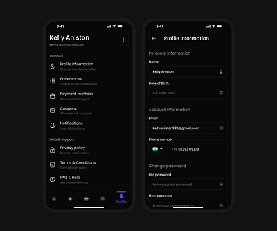 Travel app - Profile screen UI design (Dark Mode) app clean design minimal modern personal information profile profile screen travel app ui