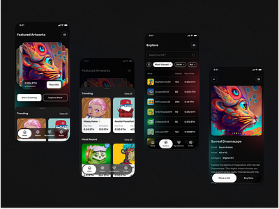 NFT Platform Interface appdesign bidding dailyui darkui dribbbleshot glassmorphism marketplace minimalui nft nftmarketplace uidesign uxdesign wireframe