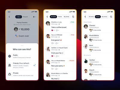 Share payment with friends bank banking comment finance like payment share social feed ui ux