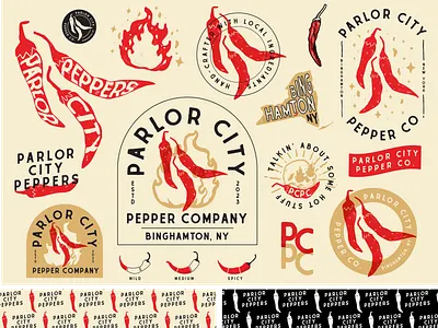 Parlor City Pepper Company Brand Board badge brand branding design graphic design identity illustration lettering logo pattern