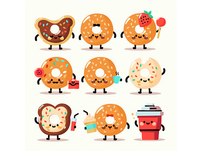Hand Drawn Bagel Cartoon Illustration bagel bakery bread breakfast cartoon clip art donut food illustration milk sandwich vector