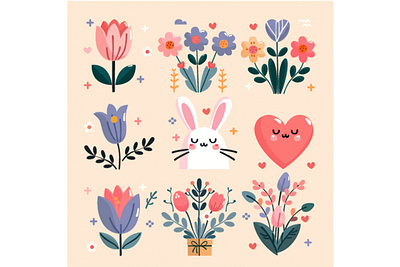 Spring Flower with Bunny and Heart Illustration bunny clip art festival flower garden heart illustration nature season spring springtime vector