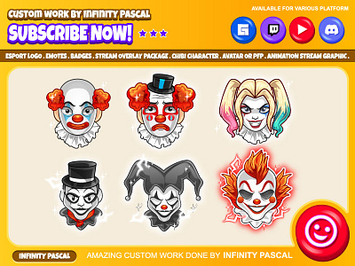 🤡Custom Spooky Clown Emotes🤡 animation clown custom emotes twitch design discord emotes facebook emotes graphic design harley quinn illustration joker logo loyalty badges twitch emotes twitchemotes youtube emotes