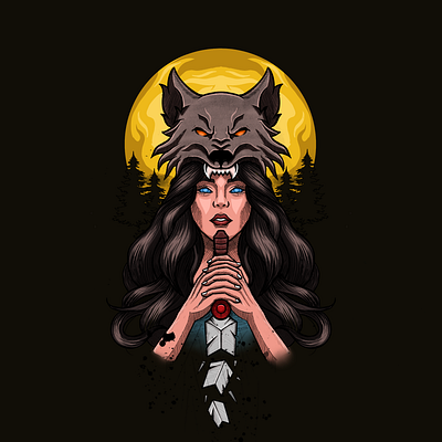 Moonlit Huntress: A Dance with Shadows adobe illustrator beauty designs drawing hunter illustration indian procreate wolf woman