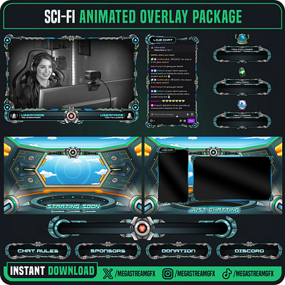 Sci-fi Technology Stream Overlay Package alert banner graphic design gray twitch overlay kick overlay overlay for stream overlay for twitch robotics overlay sci fi overlay sci overlay pack scientific theme sleek screen stream overlay stream package twitch overlay twitch panel